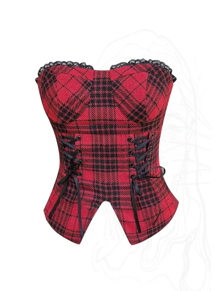 American Retro Plaid Vest Off Shoulder Women Sexy Red Tube Top Sleeveless Y2k Chic Clubwear Coquette Tank Top Japanese Fashion