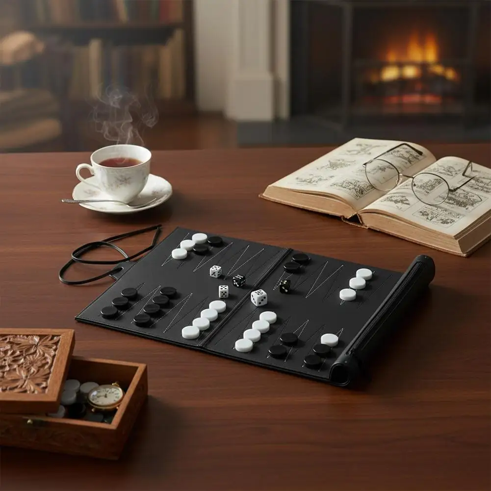 

PU Leather Backgammon Board Game - Portable Roll-Up Design with Acrylic Pieces, Classic Western Tabletop Entertainment Game