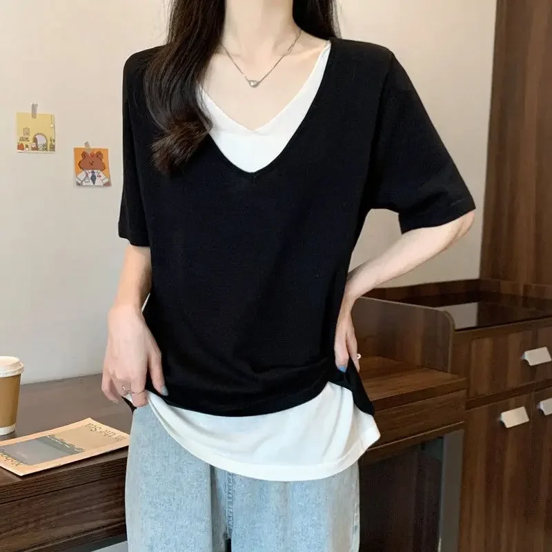 Camisetas informales holgadas y elegantes para mujer, jerséis de moda de Color sólido con retazos de manga corta y cuello en V, ropa para mujer JJ352