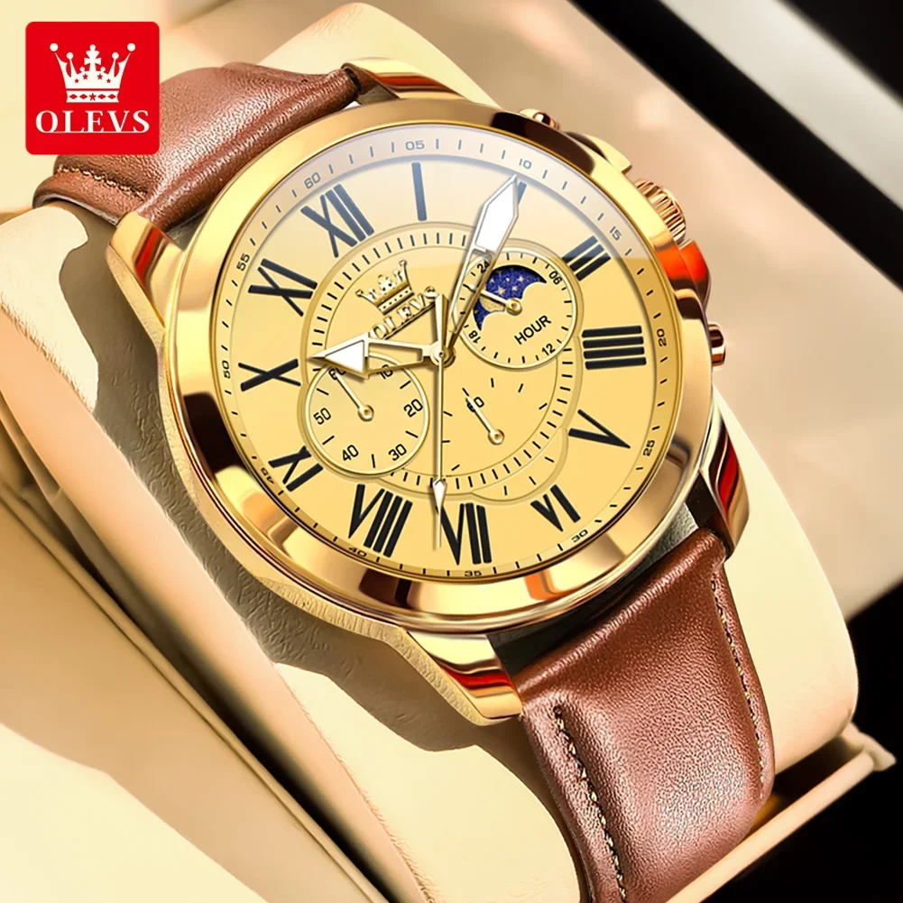 

OLEVS 3632, элегантные мужские часы с кожаным ремешком, водостойкий хронограф с фазой Луны, оригинальные кварцевые наручные часы, роскошные мужские часы