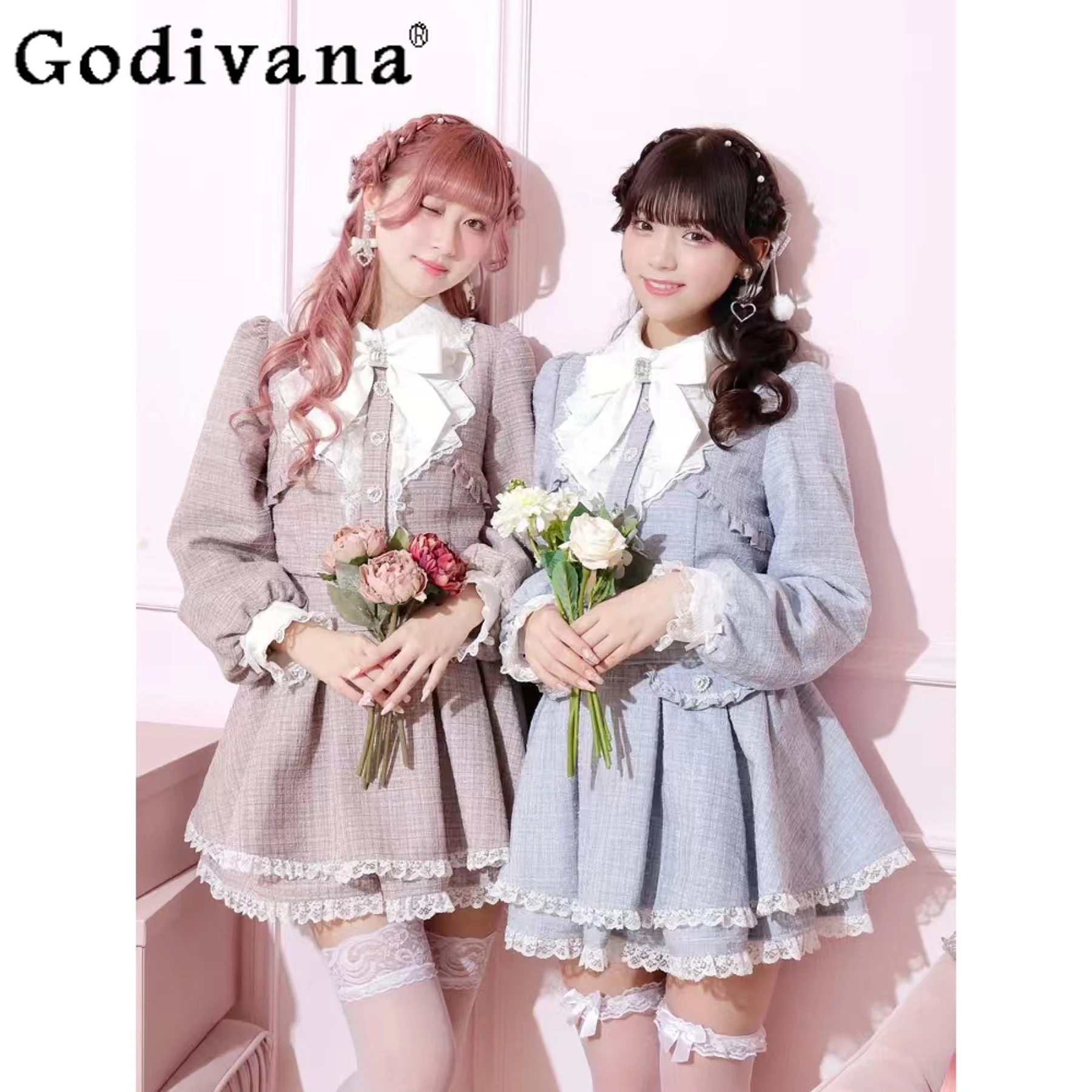 Japanese Mine Mass- Produced Lolita Skirt Set Outifits Women's Girls Sweet Cute Bow Lace Top and Skirt Two Piece Sets Spring New