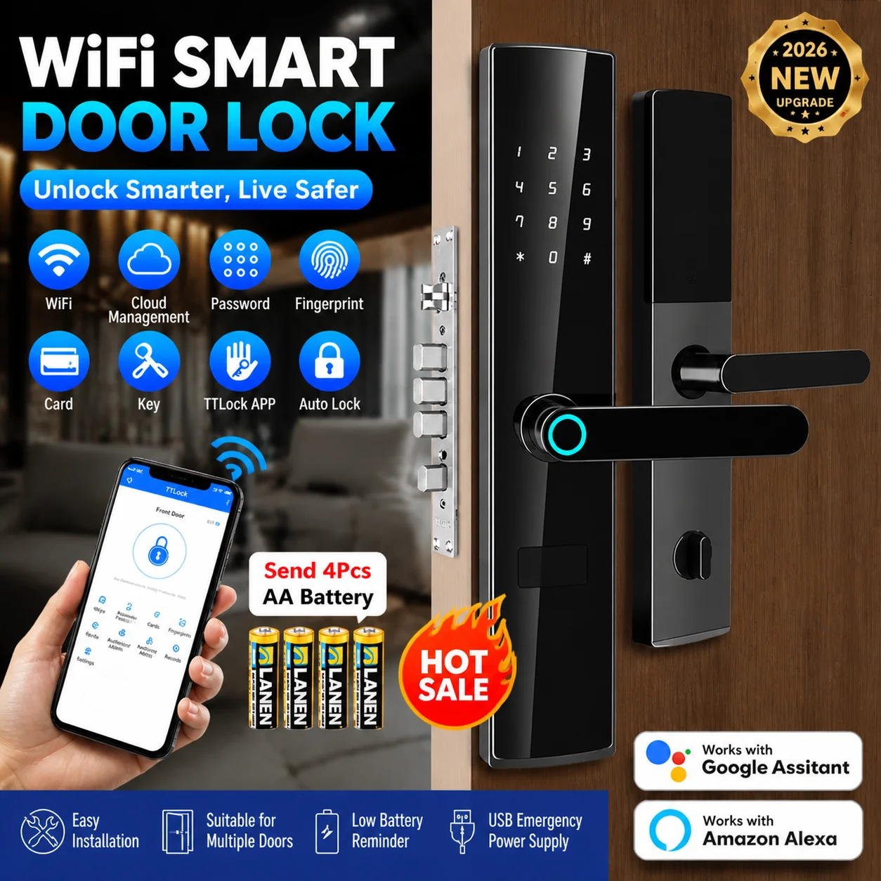 EU-Lager Smart-Fingerabdruck-Türschloss TTLock WiFi – App, schlüssellos, Passwort, Karte & mechanischer Schlüssel – für Zuhause, Hotel, Büro, Airbnb
