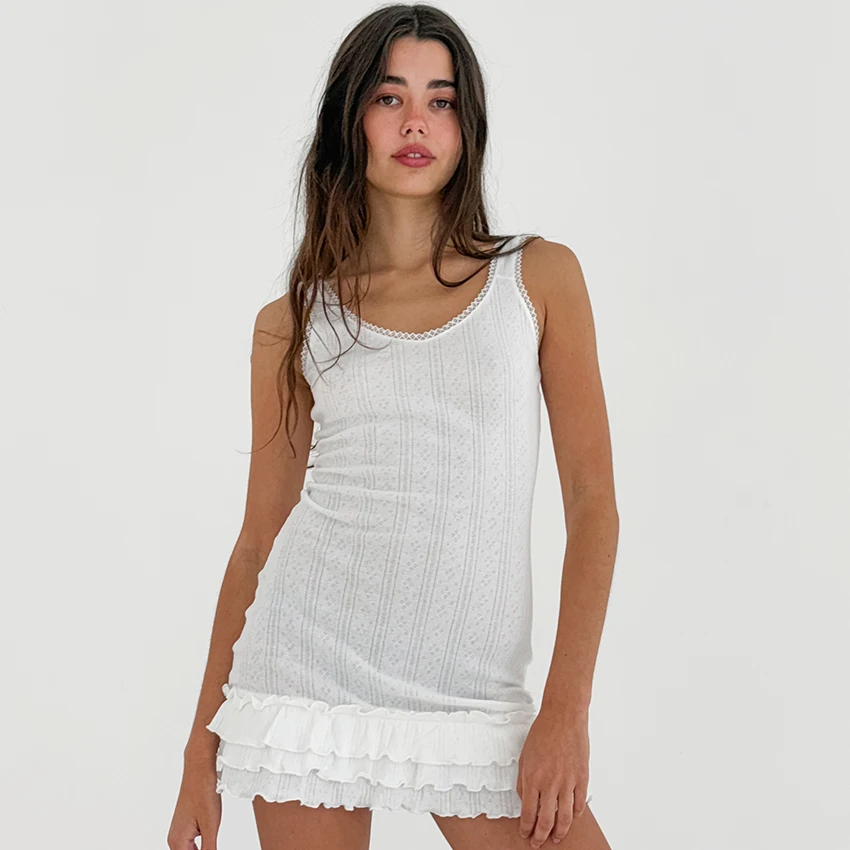 Hiloc White Sweet Knitted Elastic Woman'S Nightgowns Sleeveless Lace Trim U Neck Layered Ruffle Hem Bodycon Nightdress 2026 Fall