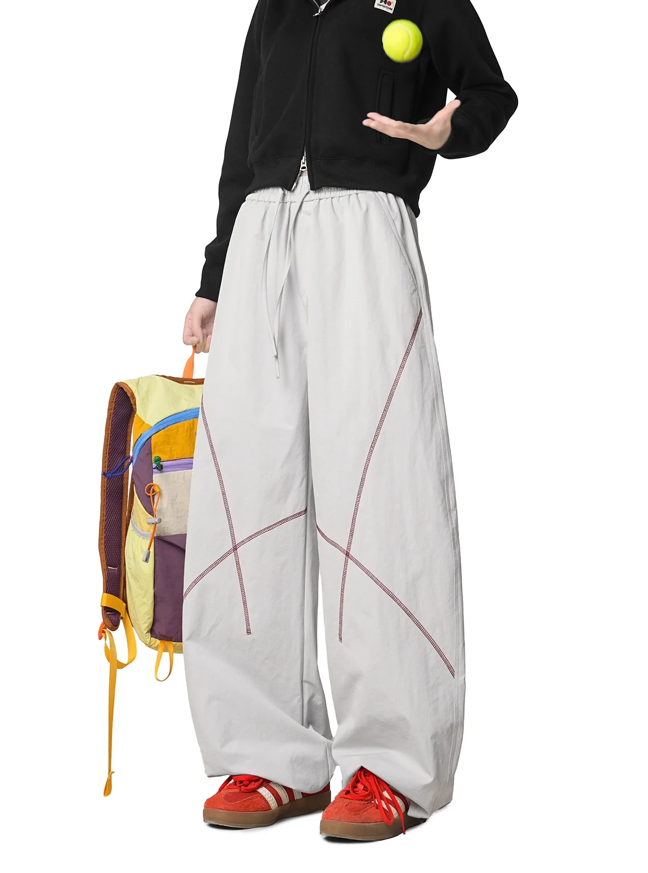 New Women Drawstring Wide Leg Pants Contrast Stitch Crisscross Line Casual Loose Baggy Trousers Elastic Waist Streetwear Parachu