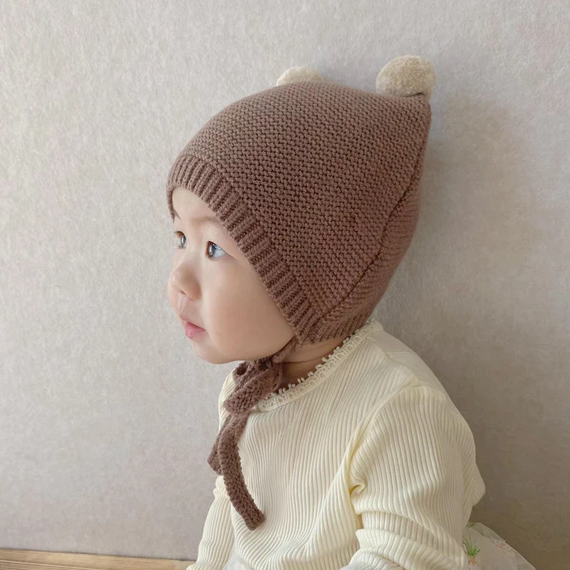 Cute Mini Pompom Baby Hat Autumn Winter Warm Infant Knitted Cap Solid Color Cartoon Lace-up Kids Boy Girl Beanie Caps