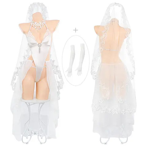 XXOO Hot Erotic Sexy Anime Cosplay Bride Bodysuit Sexy Backless Deep V Camisole Lingerie with Veil Women Wedding Roleplay Outfit