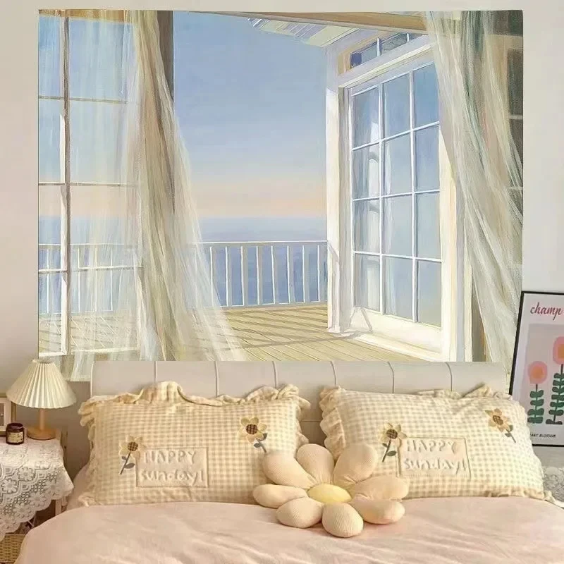 VIKAMA Faux Window Sea View Tapestry Wall Hanging, 6 Assorted Designs, Wall Art Decor for Bedroom Living Room