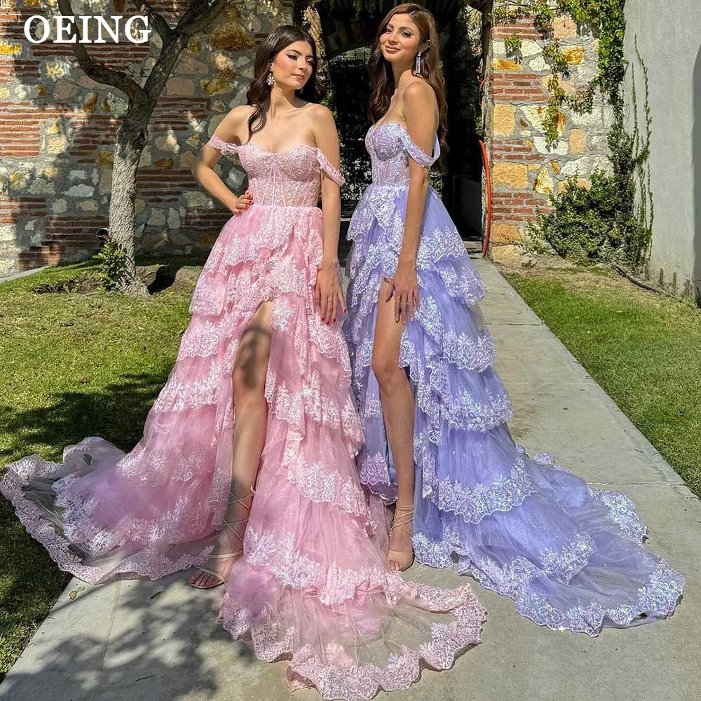 

OEING Glitter Prom Dress Sexy Off The Shoulder Appliques Lace Side Slit Ladies Evening Dresses Formal Gown Vestidos De Fiesta