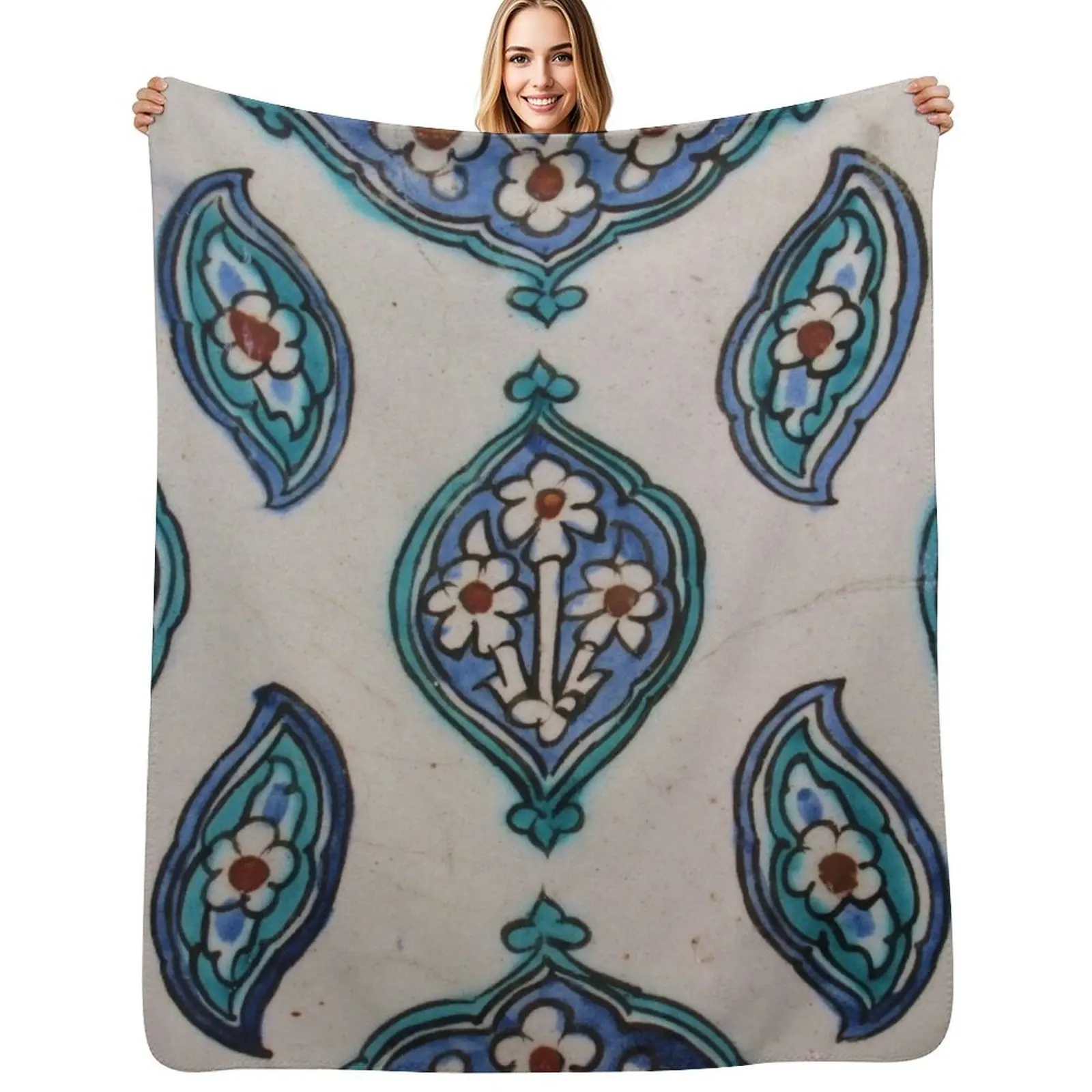Turkish Ottoman design, Iznik Ceramic Tile Throw Blanket Warm Sofa Travel Loose christmas gifts Shaggy Blankets