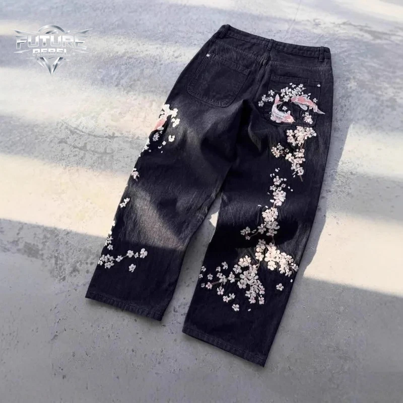 Unisex Jeans Harajuku European American Streetwear Embroidered Denim Pants Vintage Floral Loose Fit Straight Wide Leg Casual New