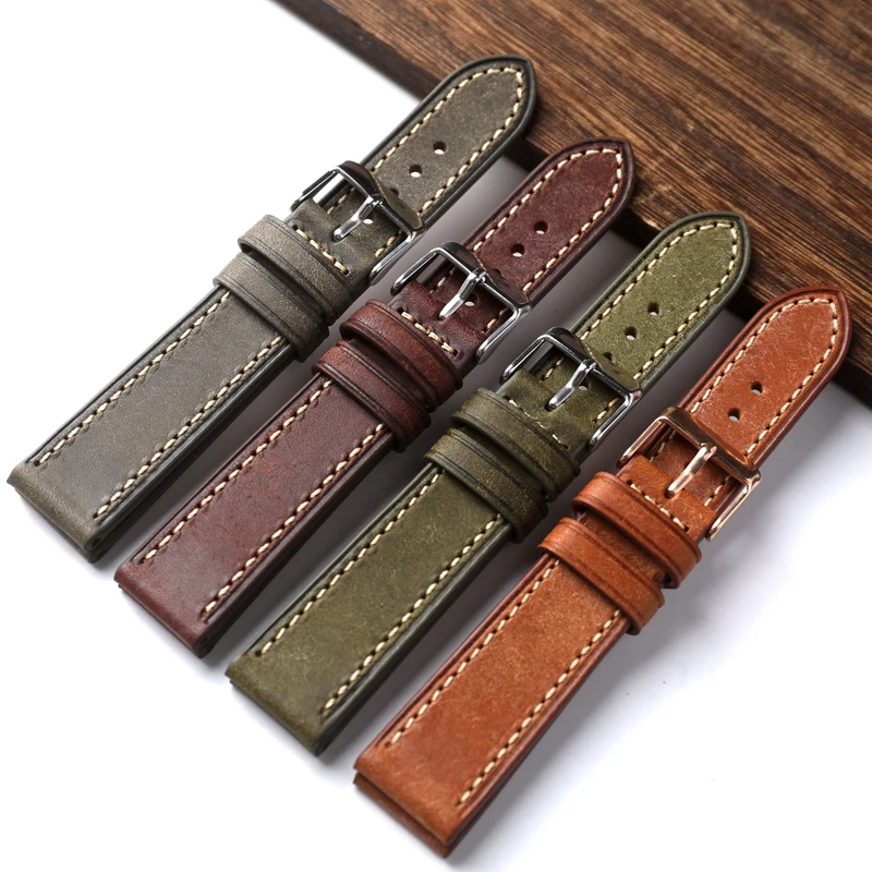 Handmade Italian Head Cowhide Strap 18 19 20 21 22MM Brown Grey Green Soft Vintage Watchband, Men\'s Soft Bracelet