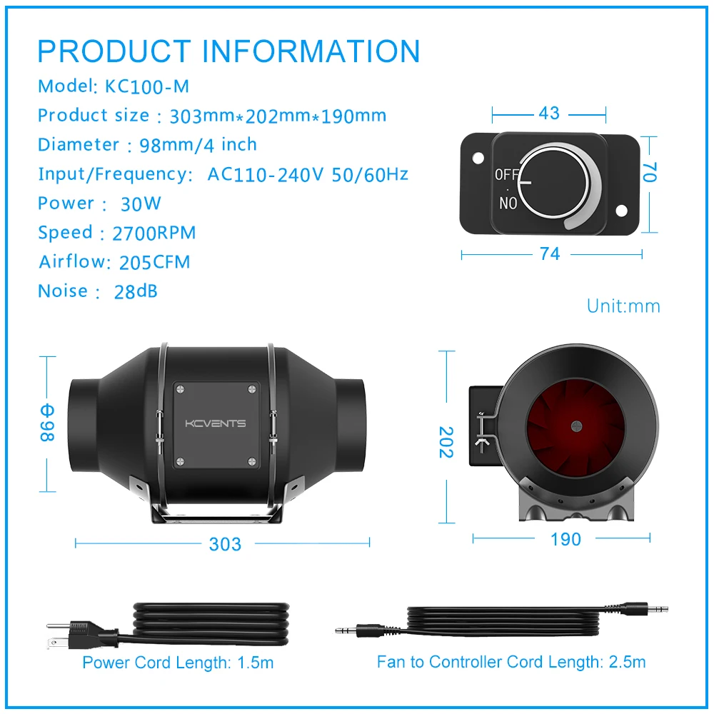 مروحة قناة مضمنة من KCvents محرك EC مقاس 4 بوصة مع تحكم في السرعة مناسبة لمروحة تهوية المائية والدفيئات الزراعية والمنازل