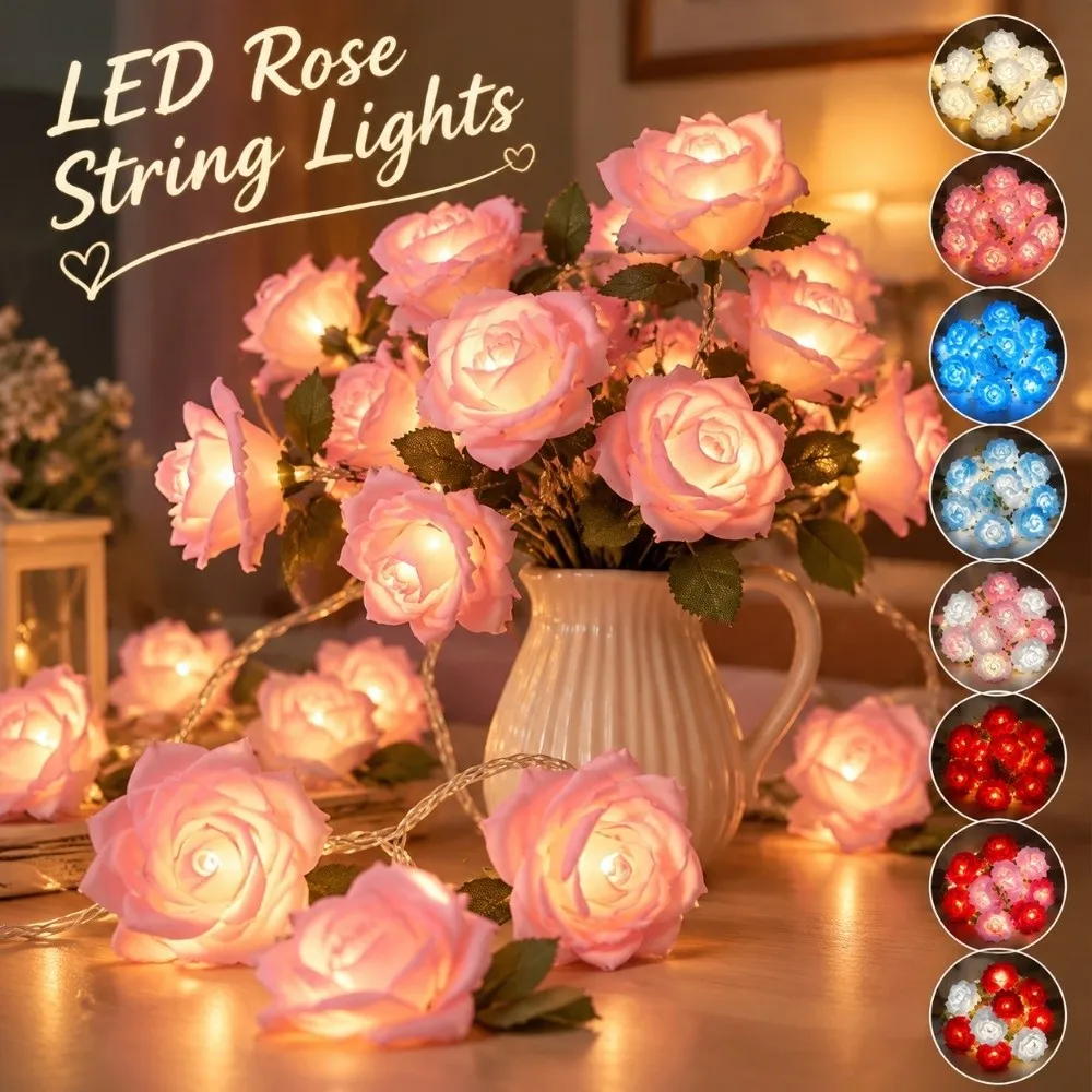 New 1.5m Rose Blossom Vine String Light Battery Powered Copper Wire Rose Flower Light LED Artificial Fairy String Light Garden