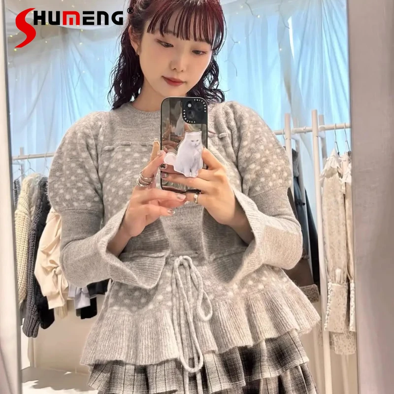 

Japanese Fashion Sweet Gray Short Sweater Spring Autumn New 2025 Women's Daily Basic Casual Polka Dot Print Knitted Pullover Top
