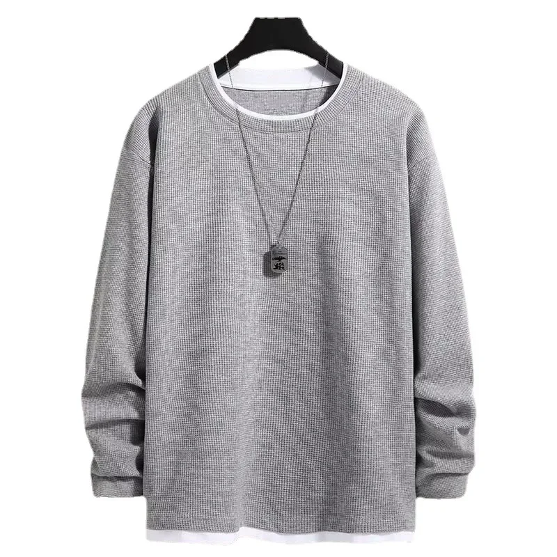 الخريف الشيكات قطعتين الوهم كم طويل البلوز الرجال فضفاضة تناسب الجولة الرقبة ملابس خارجية قاعدة طبقة تي شيرت غير رسمي