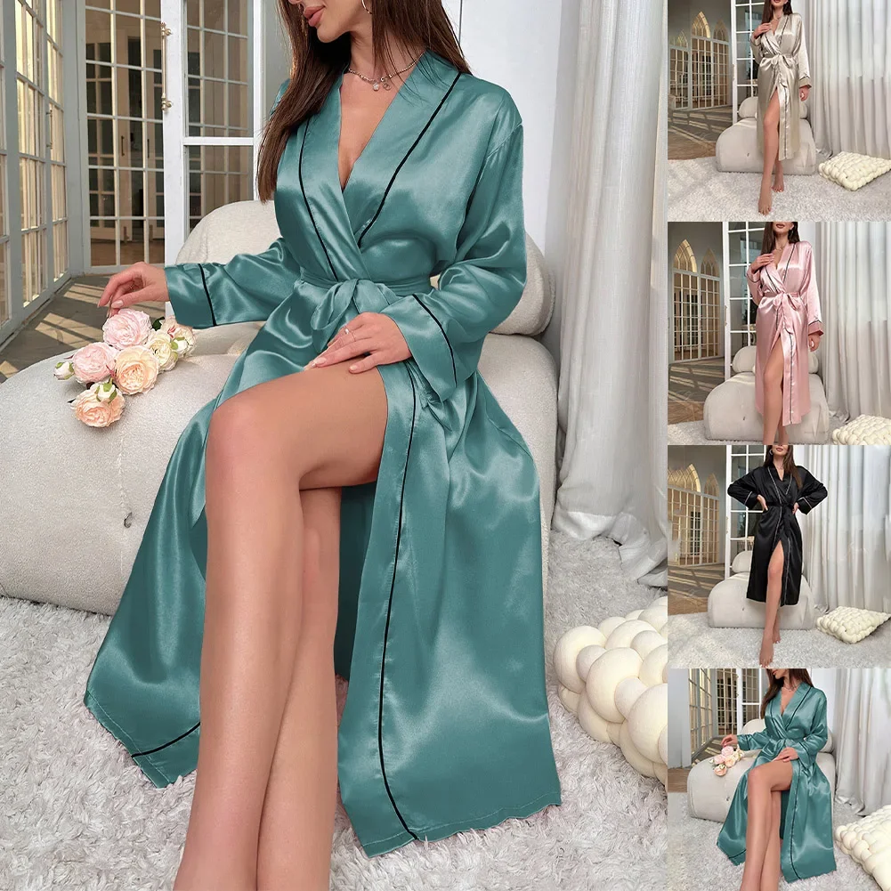 Women‘s Satin Skin Friendly Comfortable Bathrobe Kimono Lingerie Sleepwear Bride Dressing Long Sleeve Solid Lace Up Nightgown