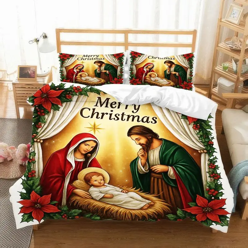 3pcs Nativity Scene Christmas Bedding, Holy Family Jesus Mary Joseph Design Duvet Cover, Religious Holiday Bedroom Decoration