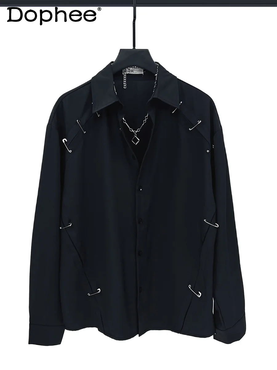 

Men's Shirt 2025 Spring Summer Thin Metal Pin Fashion Trend Korean Version Loose Casual Long Sleeve Shirt