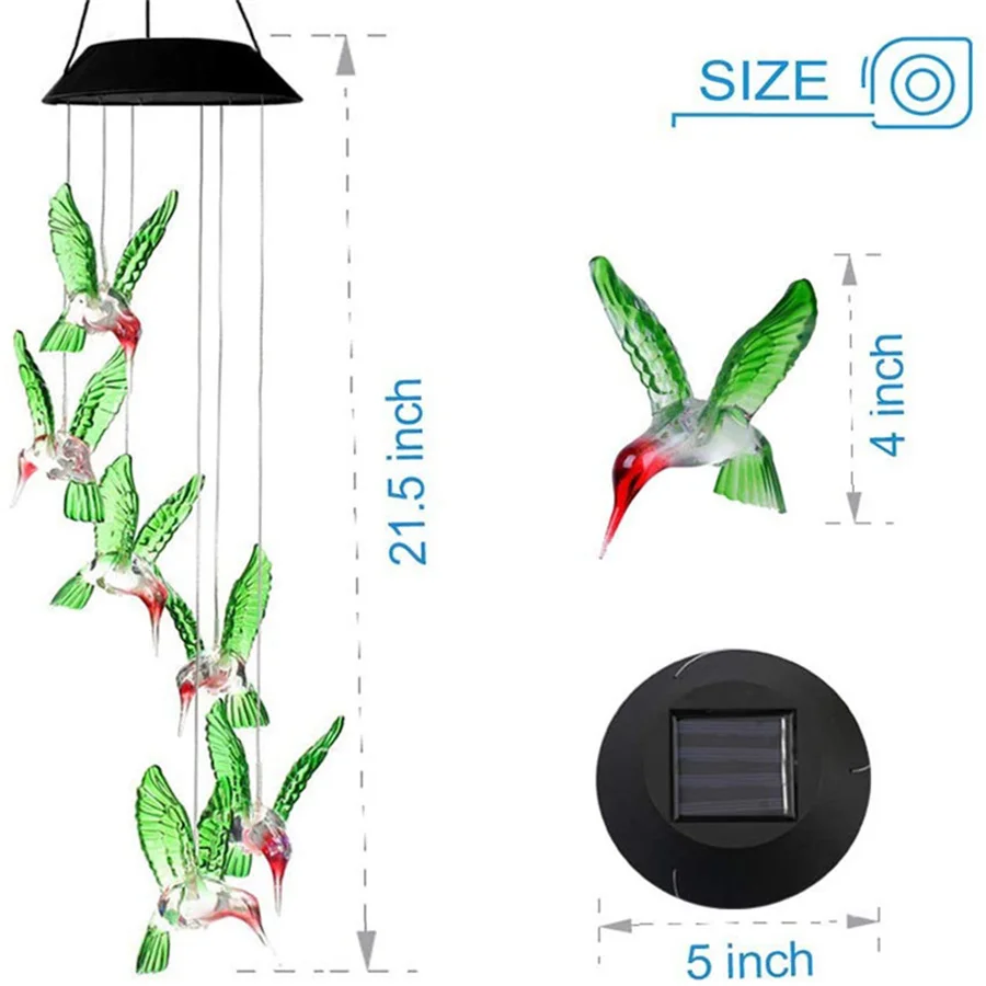 Romantic LED Solar Wind Chimes Night Light Color Changing Hummingbird Hanging Lamp Waterproof Outdoor Patio Garden Lights Decor