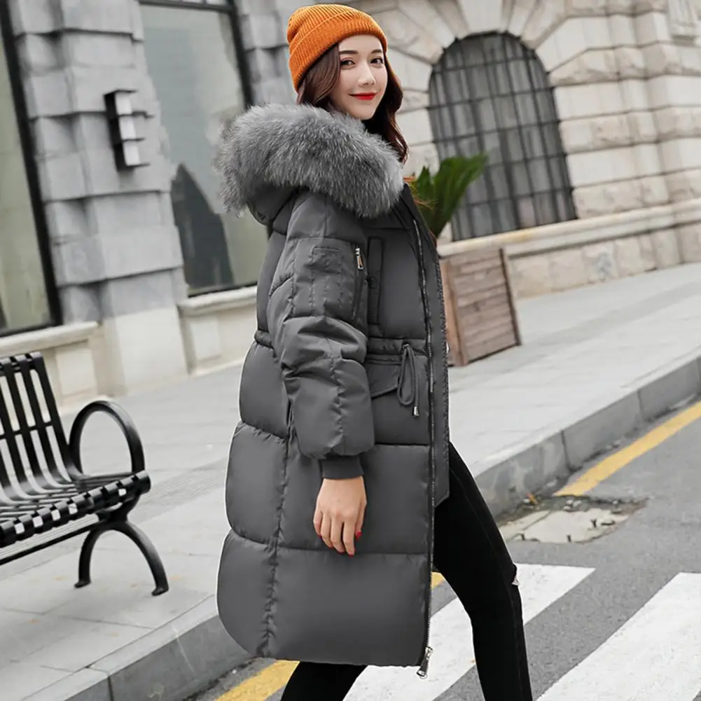 Loose Fit Jacket Women's Winter Jacket with Furry Hood Drawstring Waist Zipper Closure Mid Length Windproof for Weather