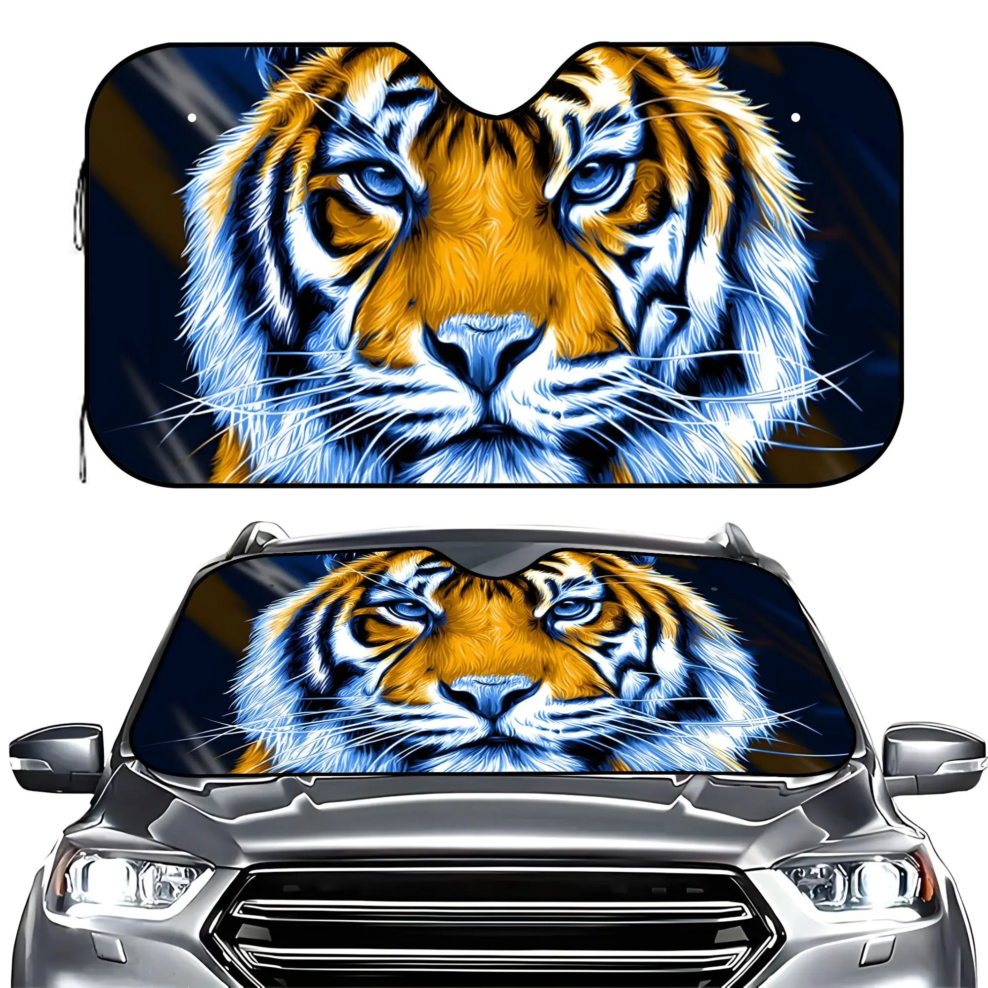 Premium Car Sunshade Featuring A Blue-Flame Tiger Totem, Designed Against UV Rays, Resist Scratches, And Provide A Cooling Effec