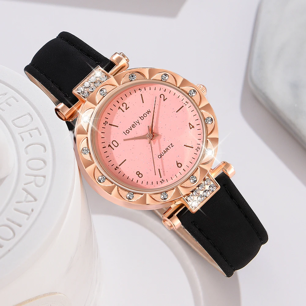 1PCS LovelyBow Simple Luxury Leather Black Strap Watch Casual Fashion Quartz Watch Is The Perfect Gift For Her (No Box)