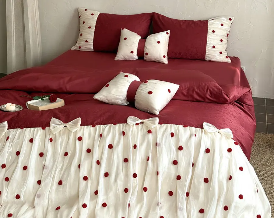 Cute sweet flower polka dot bedding set girl,full queen king lolita red cotton home textile flat sheet pillow case quilt cover