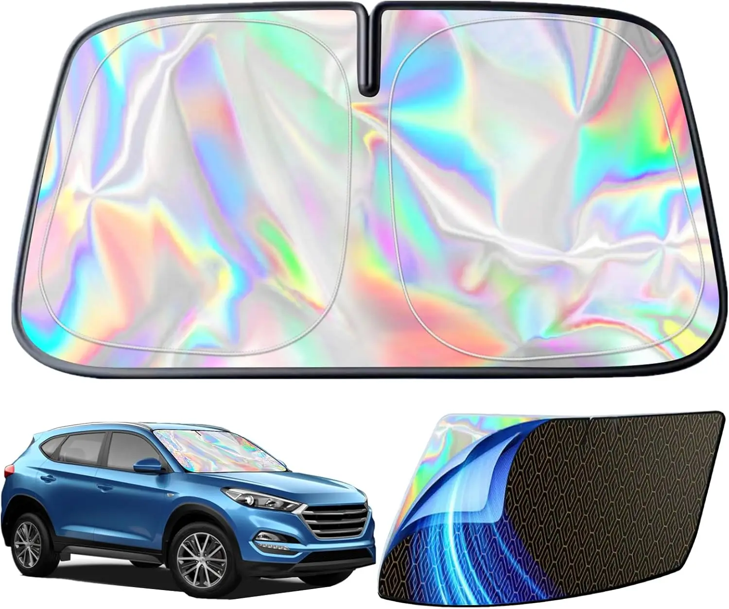 

Car Windshield Sun Shade,5-Layer Reflective Blocks UV & Heat,Heavy Duty Foldable Sunshade with Metal Frame, Iridescent Color Kee
