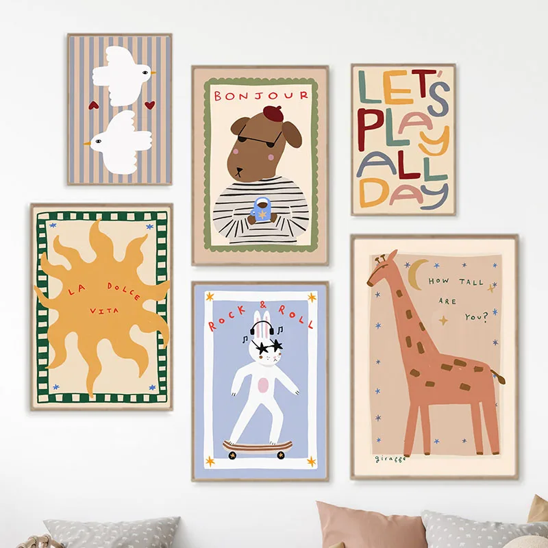 Bohemian Sun Bear Giraffe Bird Animal Cartoon Poster Prints Canvas Painting Wall Art Picture Living Kindergarten Room Home De