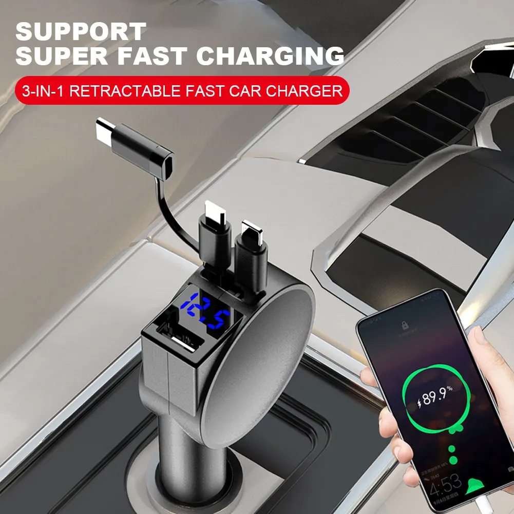 Chargeur rapide rétractable pour téléphone de voiture 3 en 1 avec voltmètre LED, chargeur intelligent pour iPhone, Android, téléphone de type C, 60W