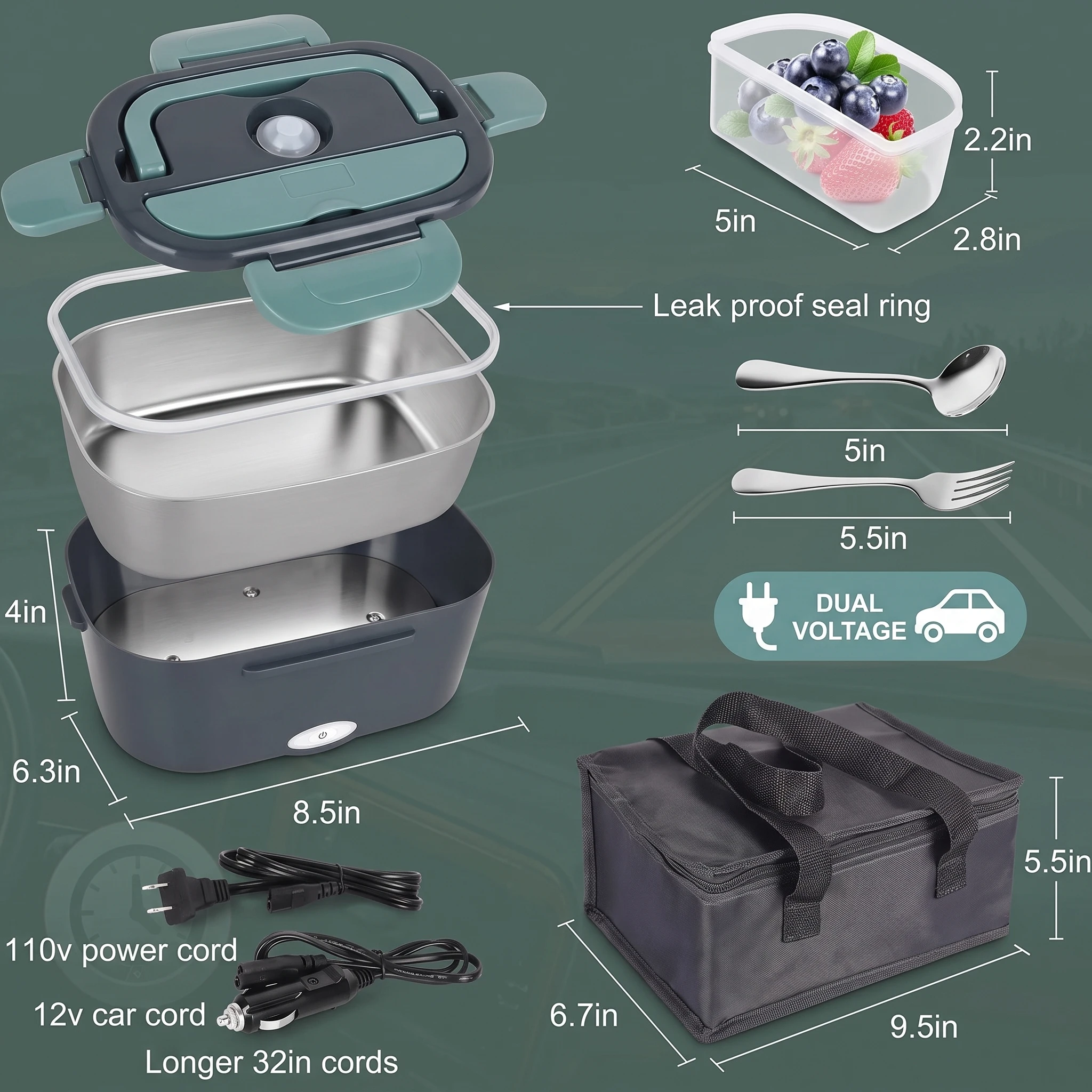 1.5L Electric Lunch Box 60W Food Warmer Heater Car Home Dual Voltage Leakproof 304 Stainless Steel Portable Container view 5