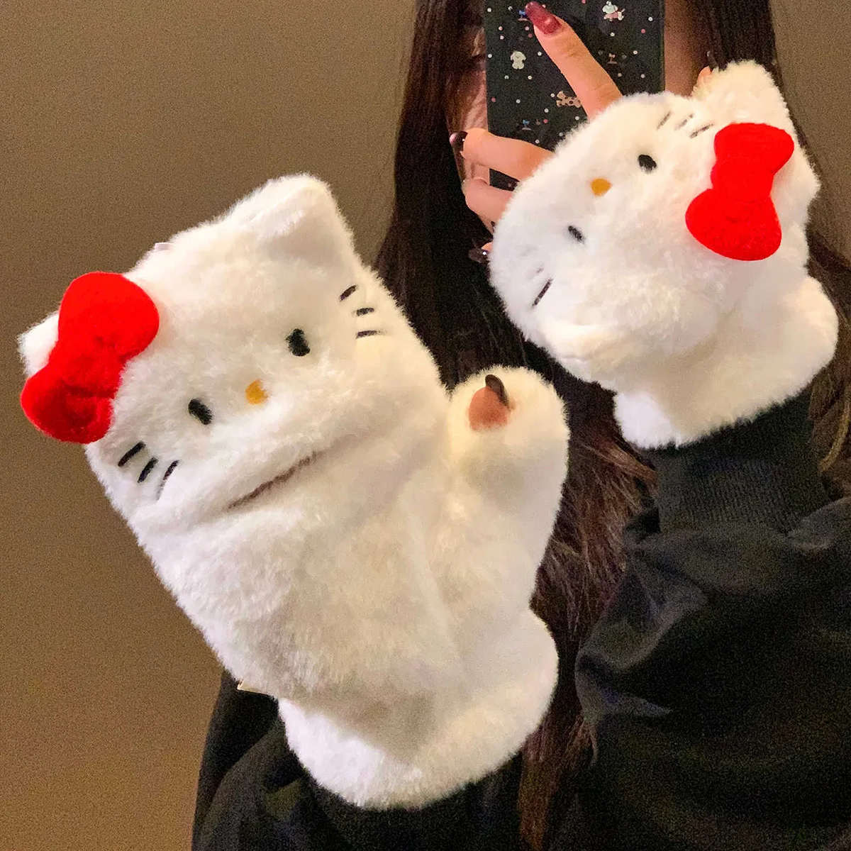 

2025 The New Hot-selling Cute Bow Kitten Flip Plush Gloves Simple Winter Thickened Warm Gloves Outdoor Cold Protection