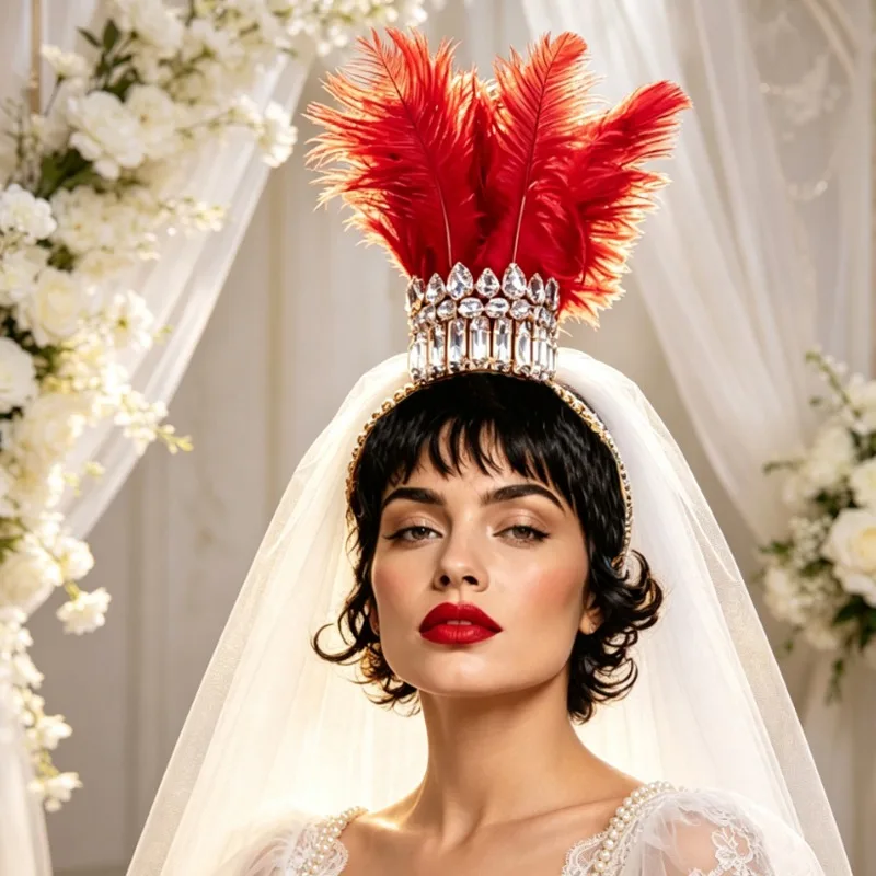 Bridal Feather Headband Rhinestone Crown Ostrich Feather Tiara Crystal Headpiece for Wedding Photoshoot Bridal Hair Accessory