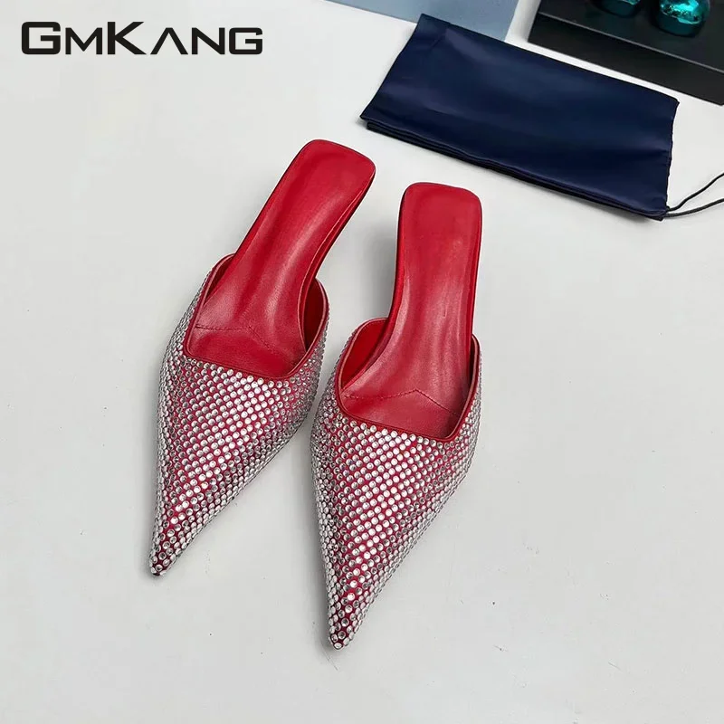 Summer high heeled slippers for women rhinestone party shoespointed toe wrapped slippers for women mule crystal slim high heeled