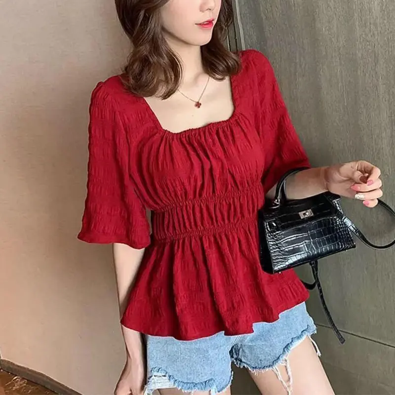 Square Collar Tshirt for Women Loose Tops Monochromatic Simple and Elegant Casual Clothes All-Match Korean Fashion Summer