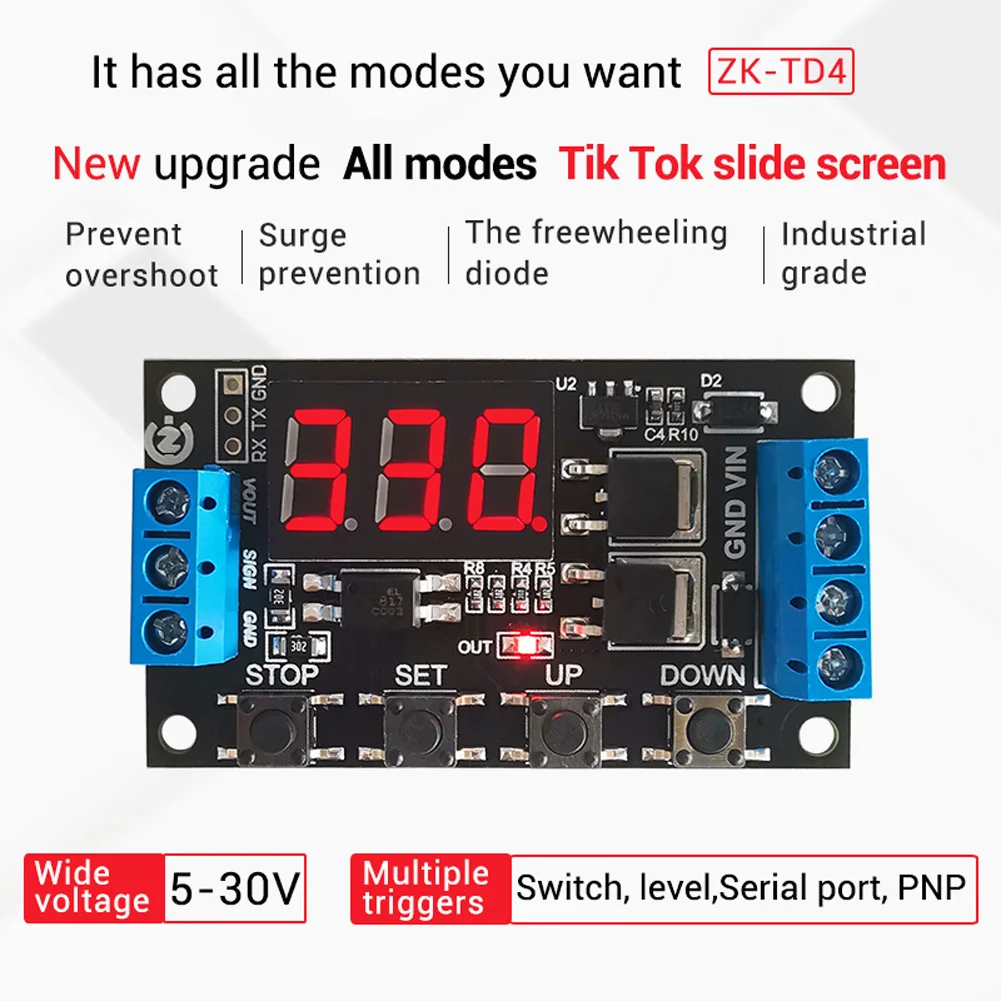 

DC 5 30V Trigger MOS Switch 400W 0.1-999 Minute Cycle Timing Delay Module Solenoid Valve Controls Relay with LED Display