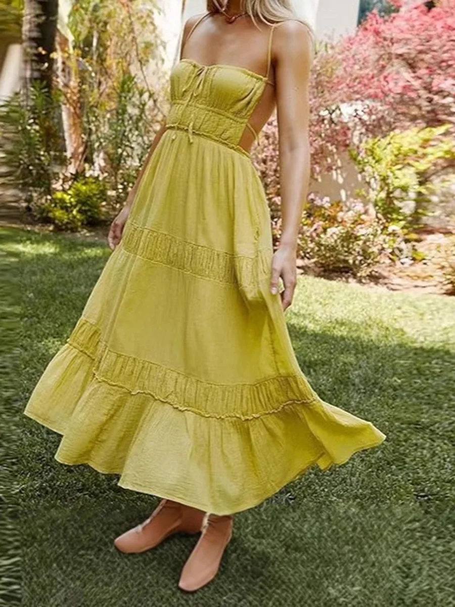 

Solid Textured Holiday Long Dress Women Sleeveless Backless Lace-up A-line Vestidos Summer New Sexy Casual Fashion Maxi Dresses