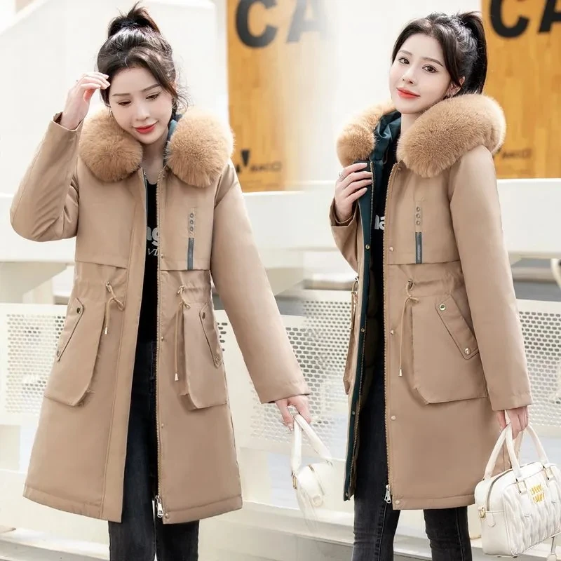 2024 Women\'s Winter Coat Hooded Thick Artificial Fur Filled Parka Detachable Chiffon Puff Coats Female Black Snow Outerwear