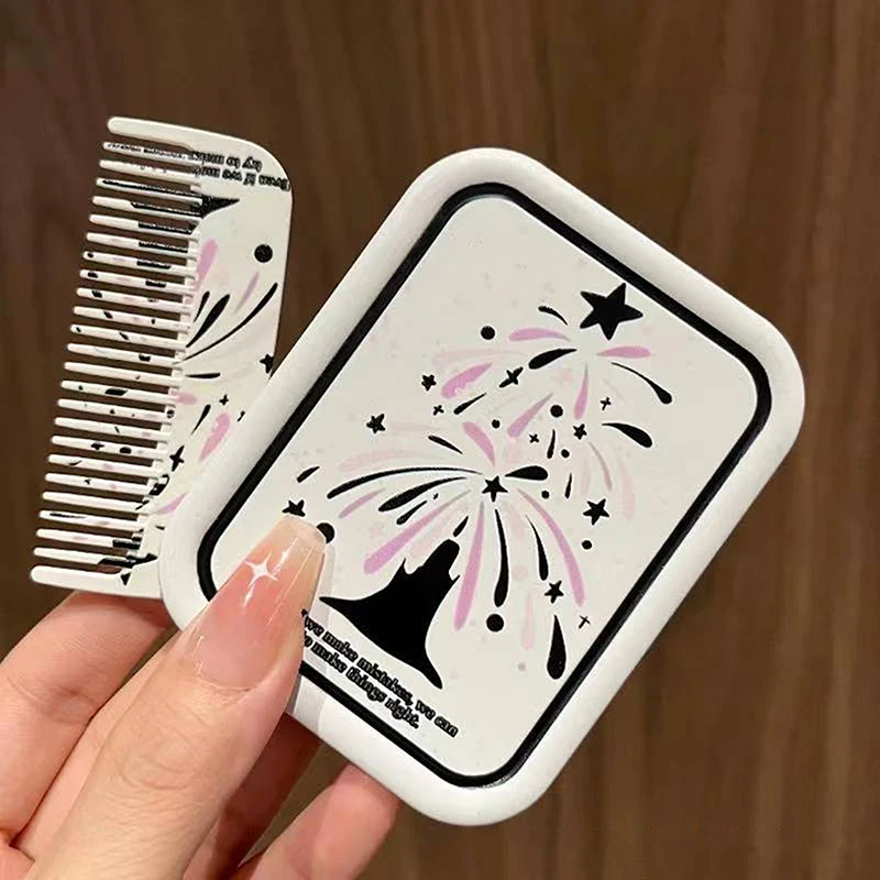 Cartoon Fireworks Pattern Flip-Top Folding Makeup Mirror Portable Pocket Mirror Rectangle Cosmetic Mirror With Comb For Women