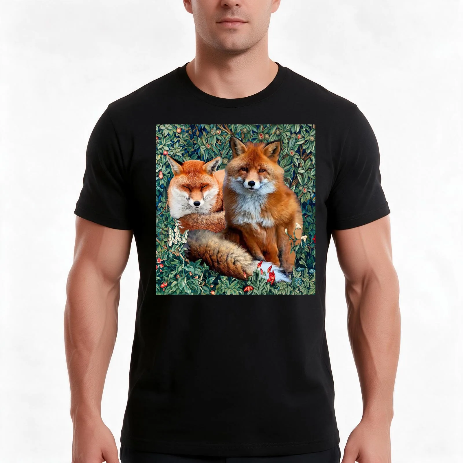 RED FOXES AMONG GREENERY, FOLIAGE AND FLOWERS T-Shirt, Summer Casual Cotton Tee, Oversized Streetwear Tops, Unisex Men Women