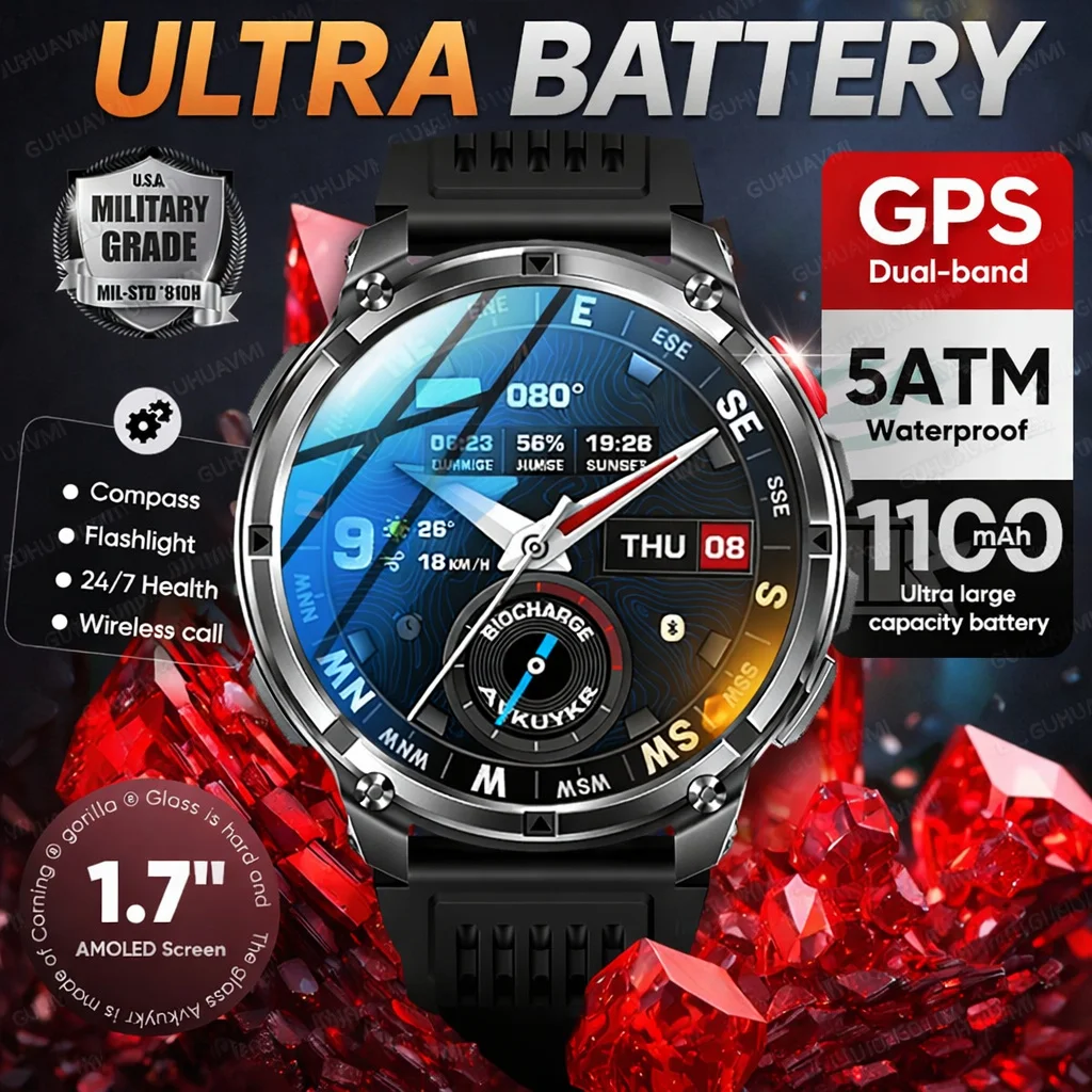 

2026 New Ultra Large 1100mAh Battery Smart Watch 1.7" AMOLED Compass 5ATM Waterproof Sport Run Outdoors Military AGPS Smartwatch