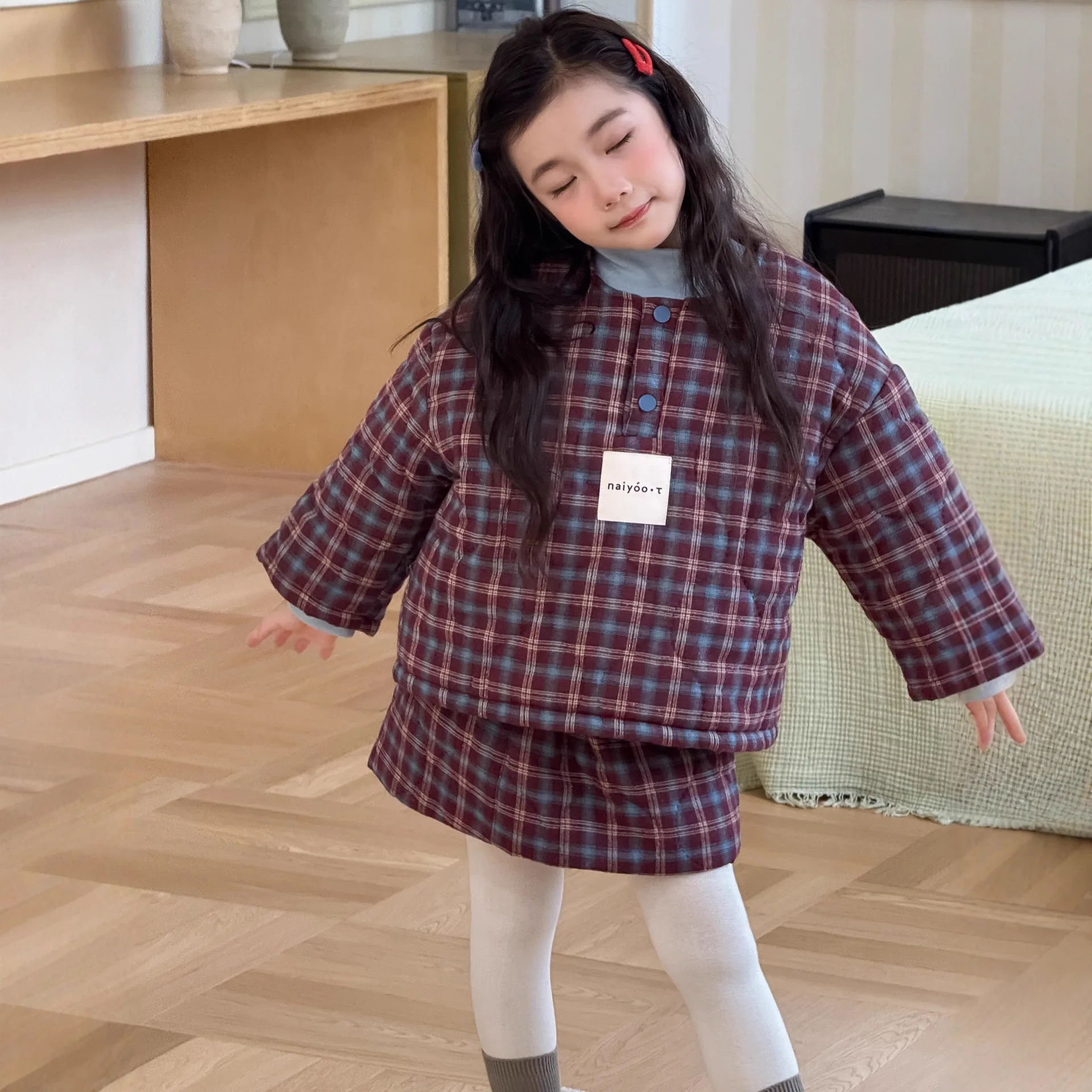 Girls Set 2025 Autumn Winter New Short Plaid Cotton Jacket Short Skirt Set Fashionable Daily Warm Temperament Outfit