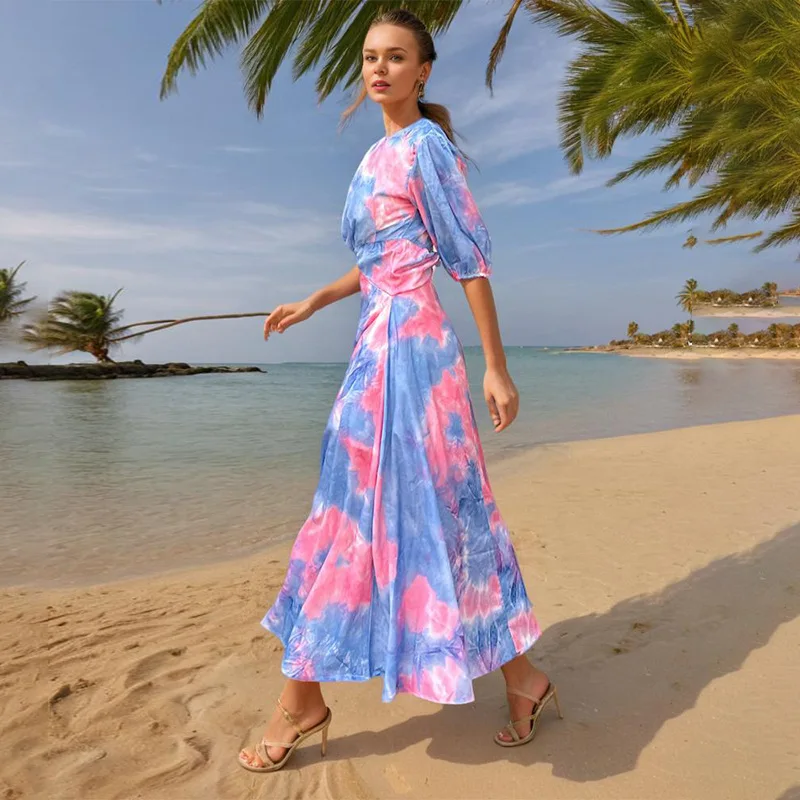 

Sexy waist new fashion round neck high waist splicing contrasting color slim dress simple temperament elegant versatile high-end