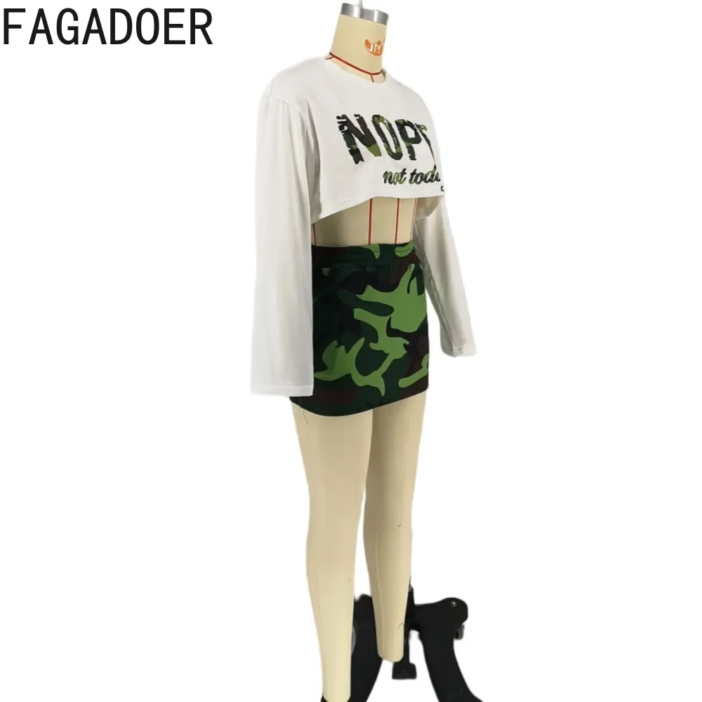 FAGADOER Fashion Street Style Women Letter Print O Neck Long Sleeve Crop Top And Camouflage Mini Skirts Outfits Casual Clothing