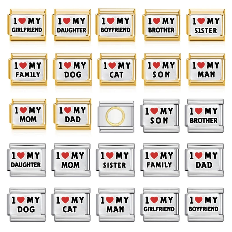 Breloques en acier inoxydable 9 mm pour la création de bijoux DIY, motifs 'Design Family Relationships' et 'English Words Italian Link', pour bracelet élastique