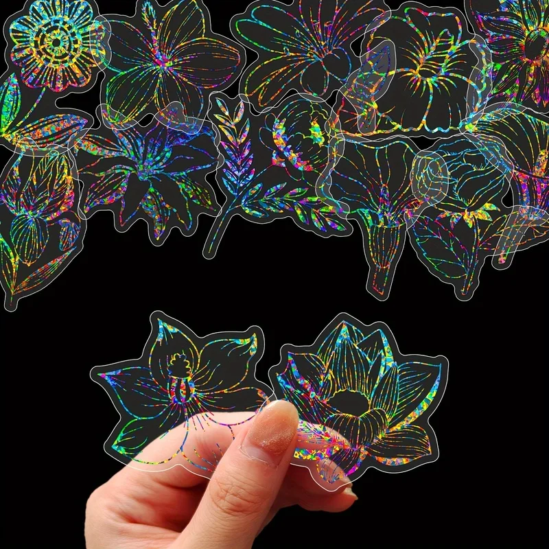 

50pcs Laser-Cut Flower & Leaf Stickers,Iridescent Multicolor Plastic Sheets for Journals,Scrapbooking,DIY Crafts,Laptops,Helmets
