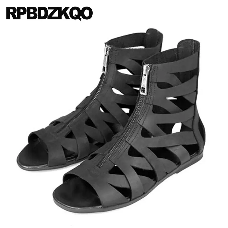 

Genuine Leather Shoes Famous Brand Zipper Front Large Plus Size 45 46 12 Luxury Men Gladiator Sandals Summer Boots Casual Roman