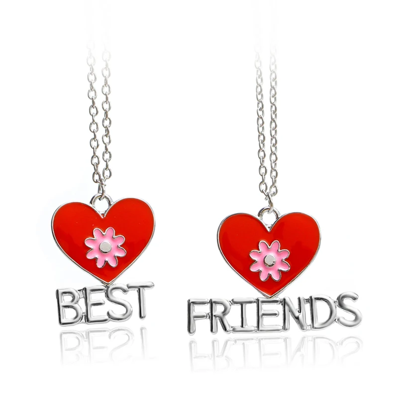 BFF Red Pink Enamel Flower Heart Pendant Best Friends Necklace For Women Girls Kids Sister Friendship Party Gift