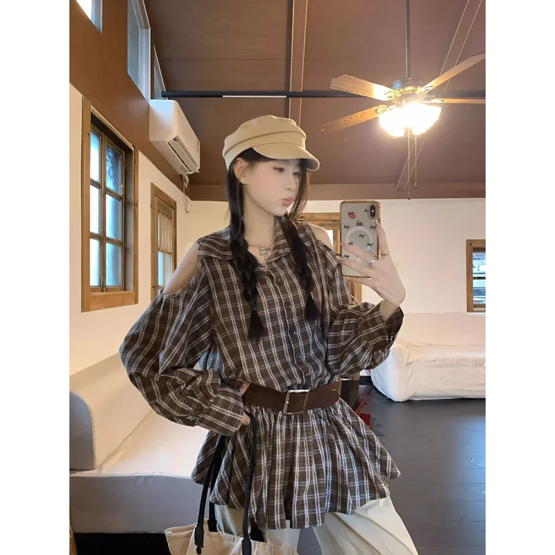 فستان ريترو منقوش عاري الكتفين بياقة بولو وأكمام طويلة للنساء قميص خريفي بتصميم على شكل حرف A