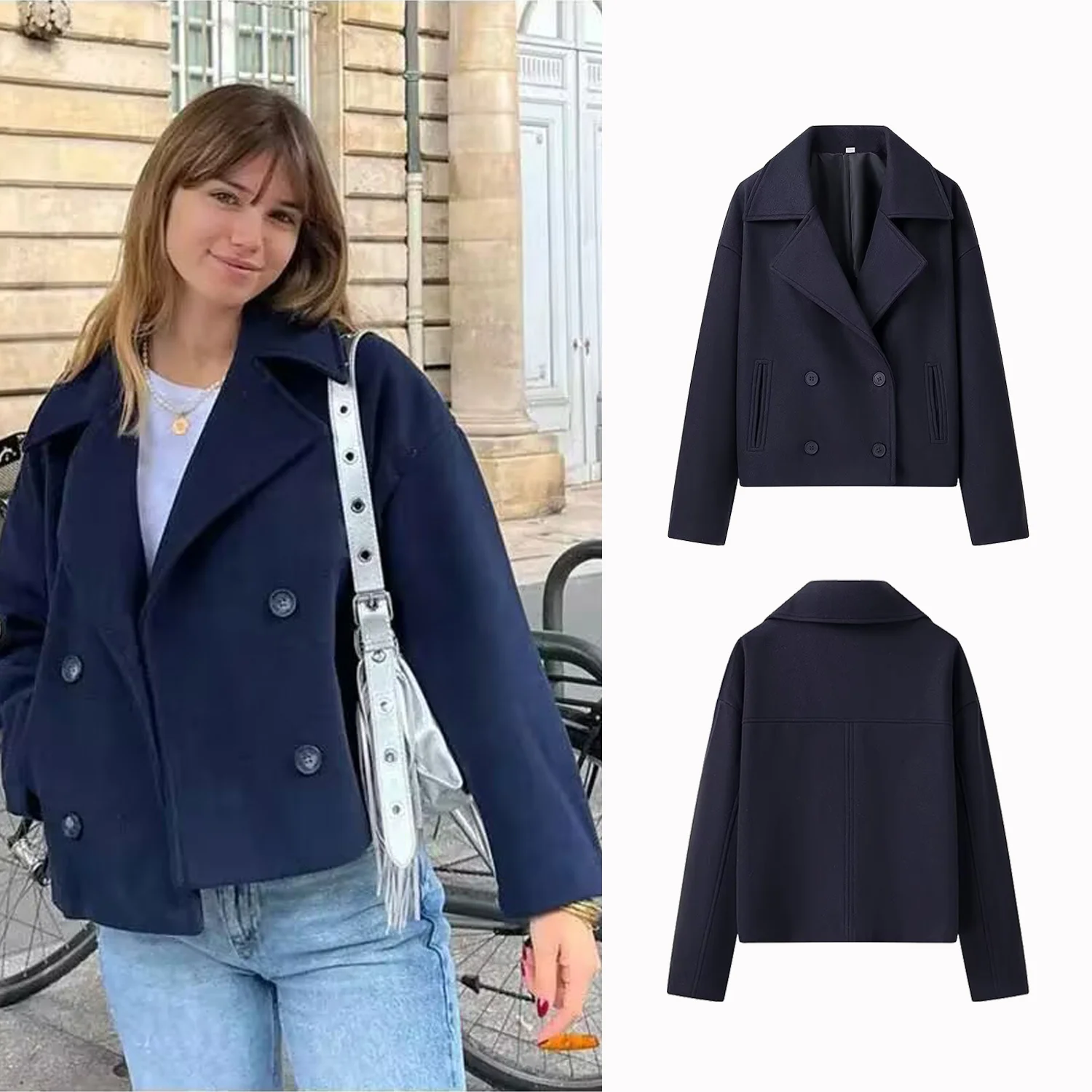 

Осень-зима женский пиджак шерстяные пальто повседневные двубортные женские короткие куртки с отложным воротником женские свободные верхние пальто Streetwe